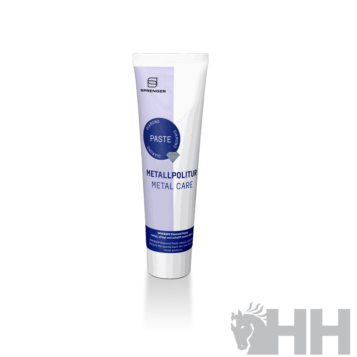 Tube branco de pasta para polimento metálico com rótulo azul e branco