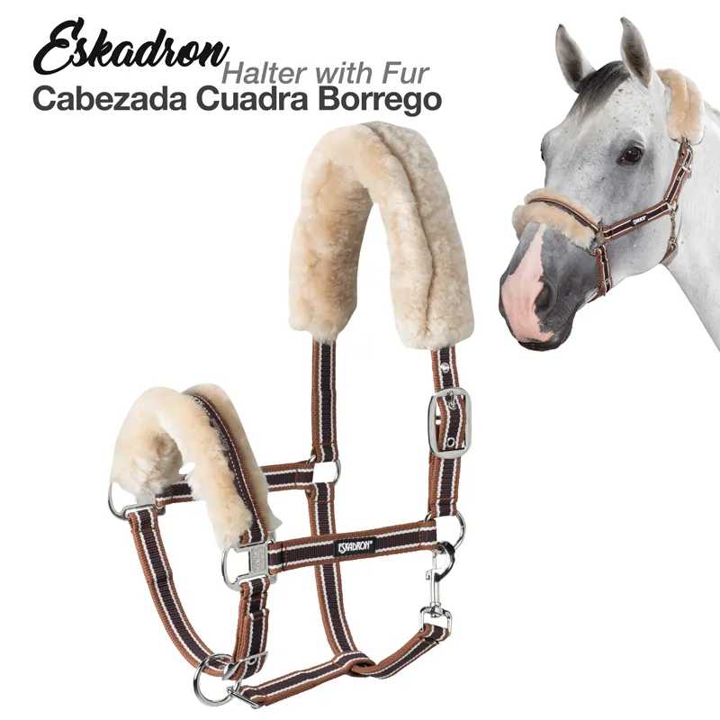 Cabeçada para cavalo Eskadron em peles sintéticas bege e faixas castanhas com fivelas metálicas