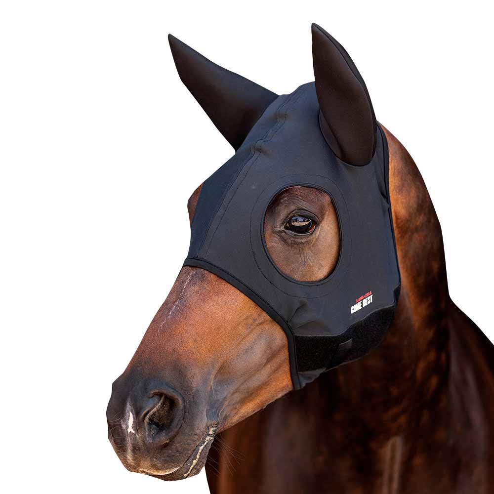 Máscara preta para cavalo com recortes para olhos e orelhas, com texto GAME BEST.