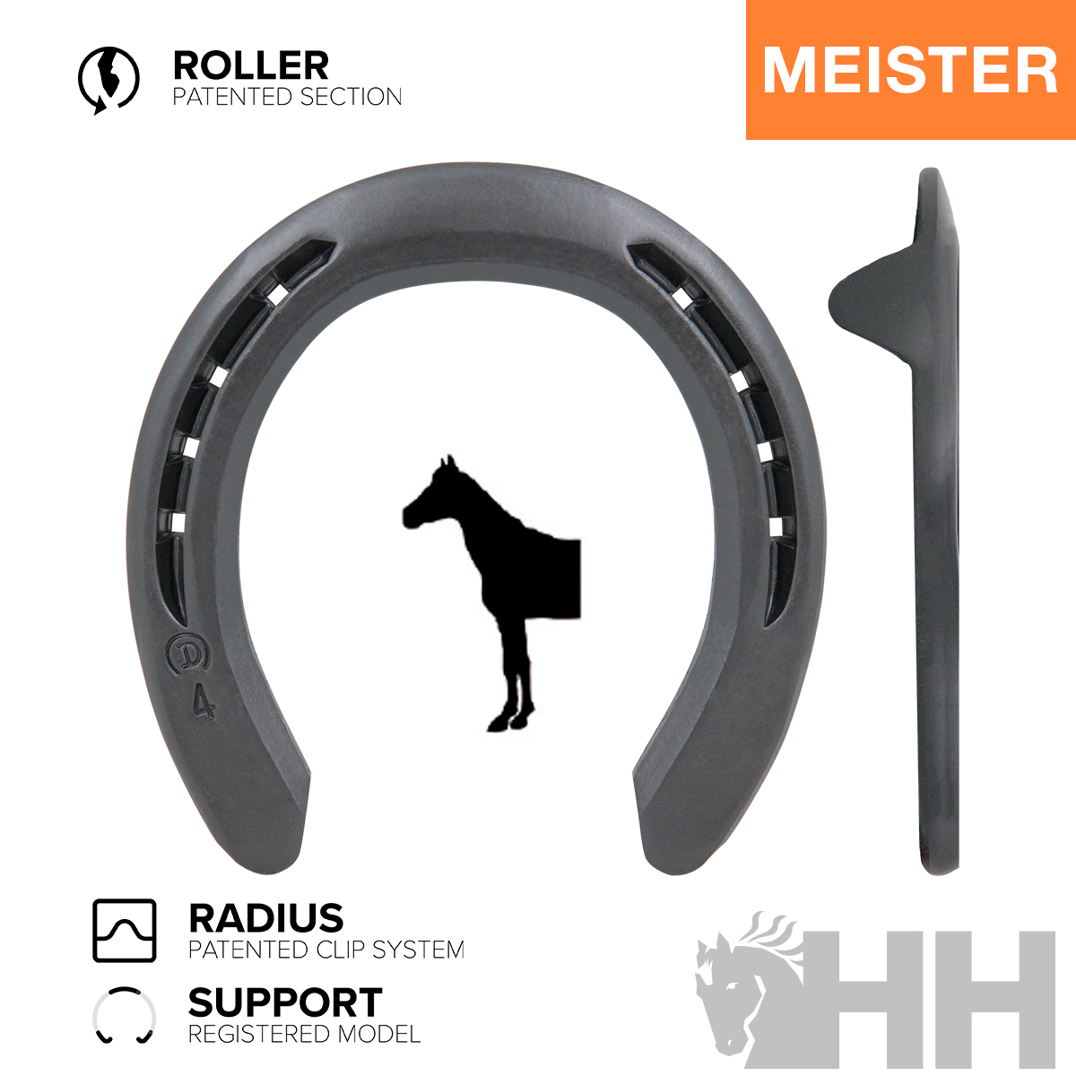 Ferradura cinza escuro para cavalo com sistema patenteado roller e radius, vista frontal e lateral