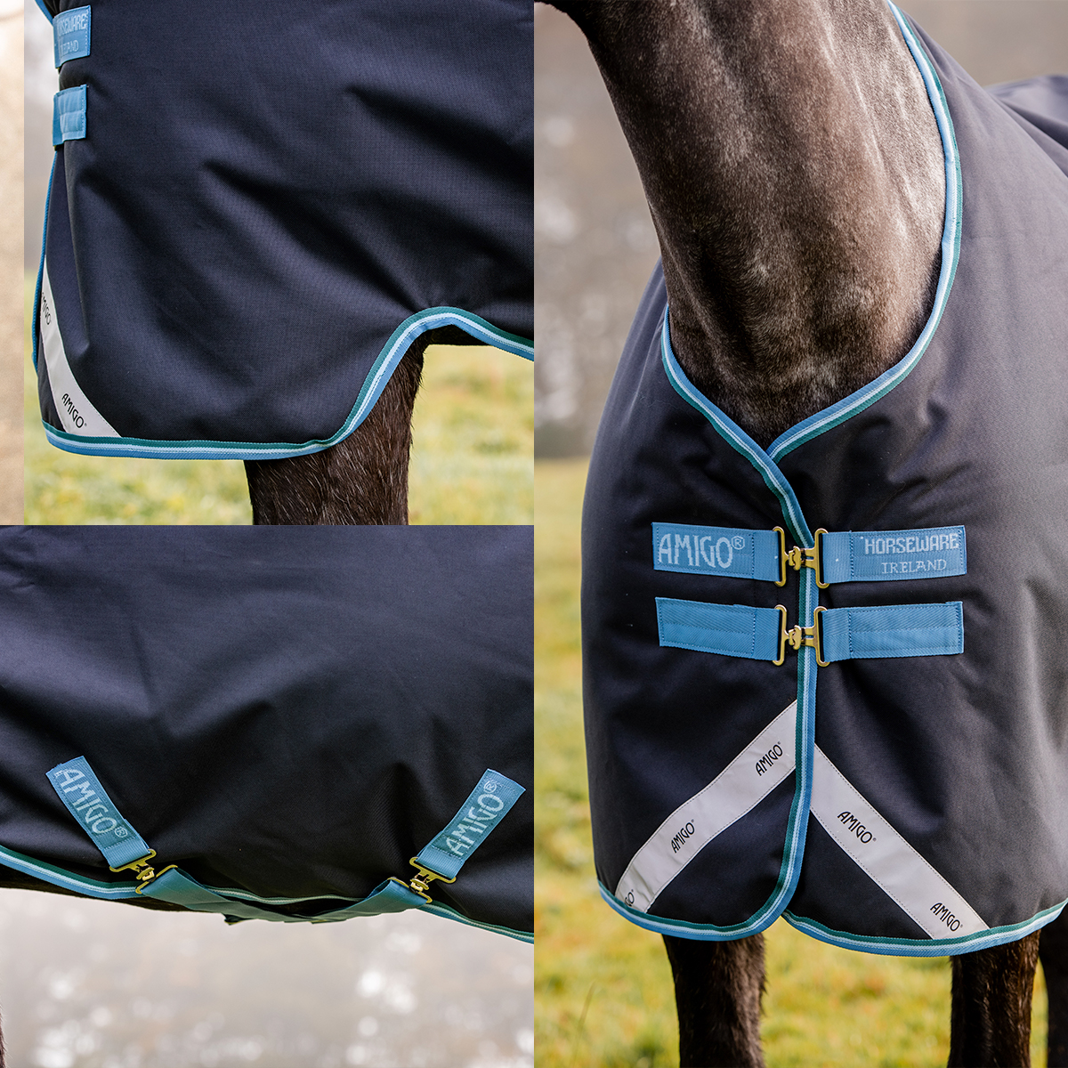 Manta preta para cavalo com bordas azul claro e fechos dourados, com etiquetas AMIGO HORSEWARE, em cavalo ao ar livre