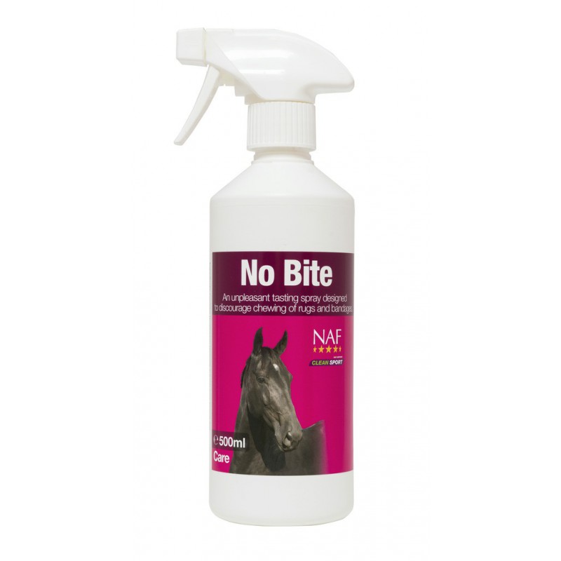 Frasco branco com spray No Bite para cavalos, rótulo rosa com cavalo preto