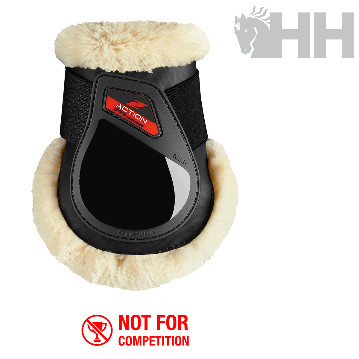 Protetor preto para cavalo com pelo sintético creme e texto ACTION e NOT FOR COMPETITION