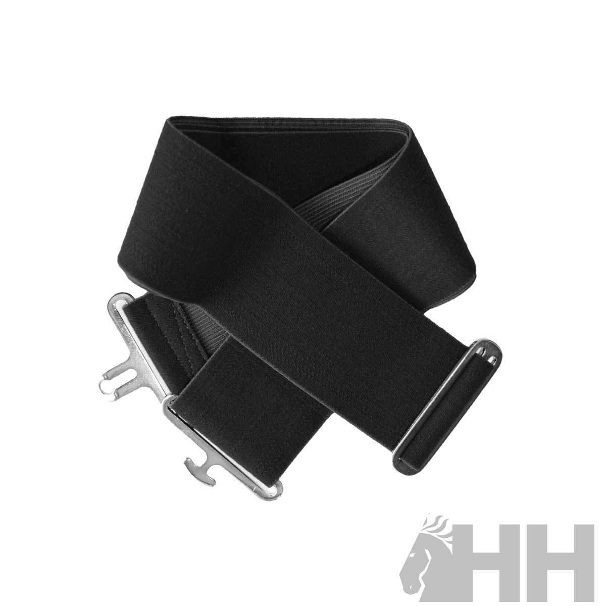 Cinto elástico preto com fivelas metálicas prateadas sobre fundo branco