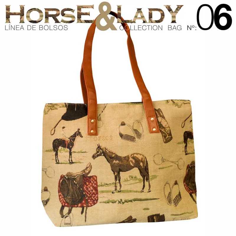 Bolsa bege com padrão de cavalos e alças castanhas, texto HORSE & LADY COLLECTION BAG Nº 06