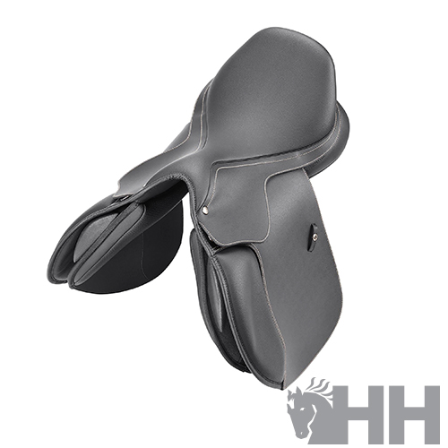 Sela de equitação preta em couro com alforjes e logo HH