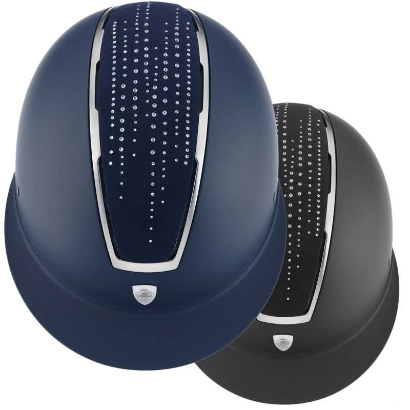 Dois capacetes de equitação azul escuro e preto com decoração de cristais