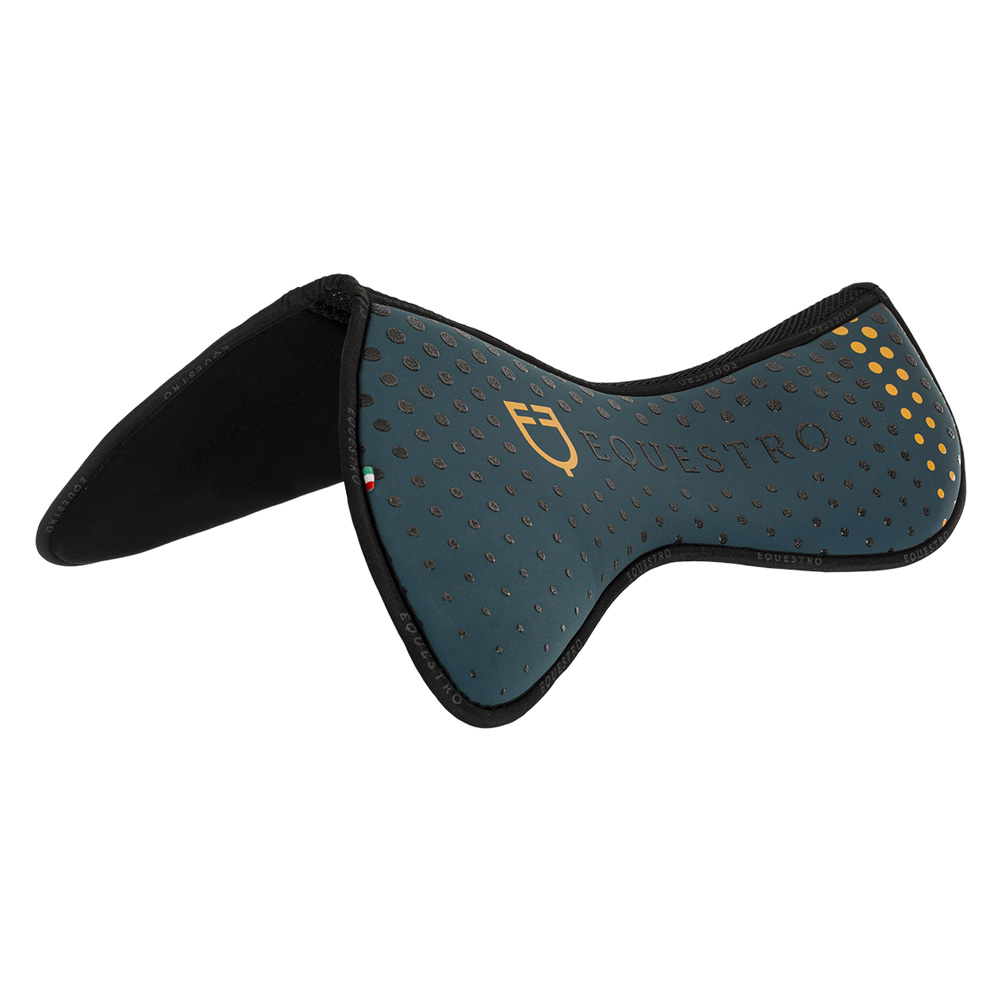 Protector de sela EQUESTRO azul escuro com pontos pretos e amarelos e logo EQUESTRO amarelo