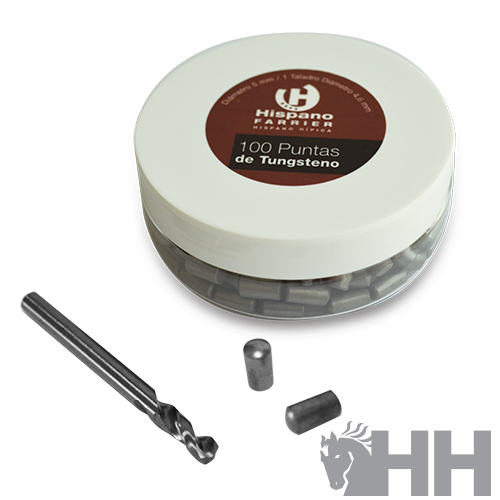 Frasco branco com 100 pontas de tungsténio cinza e uma ponta maior ao lado