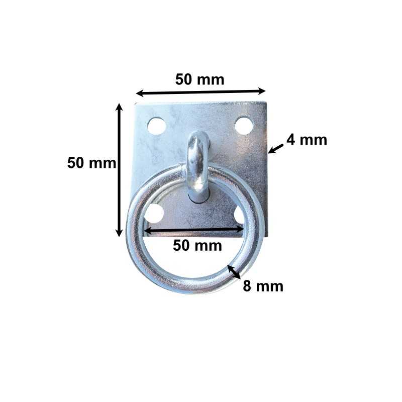 Gancho de metal prateado com anel circular e base quadrada com medidas indicadas.
