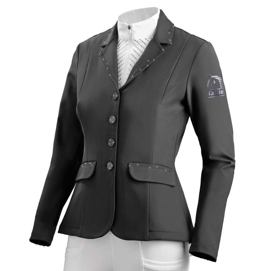 Casaco preto feminino de equitação com logótipo na manga