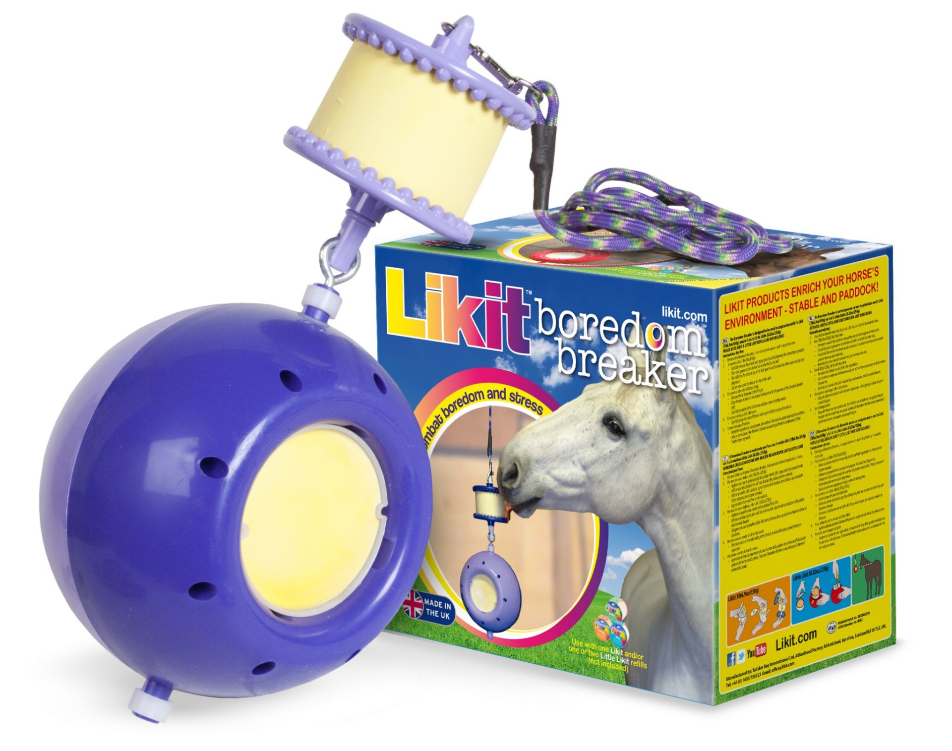 Produto para cavalos Likit boredom breaker azul e creme com embalagem colorida e corda roxa.