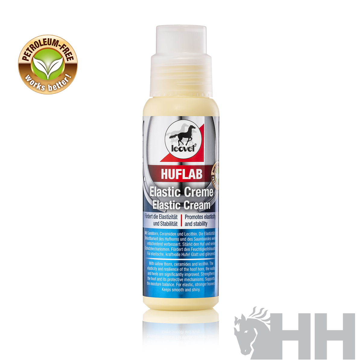 Frasco de creme elástico HUFLAB da Leovet com rótulo azul e vermelho