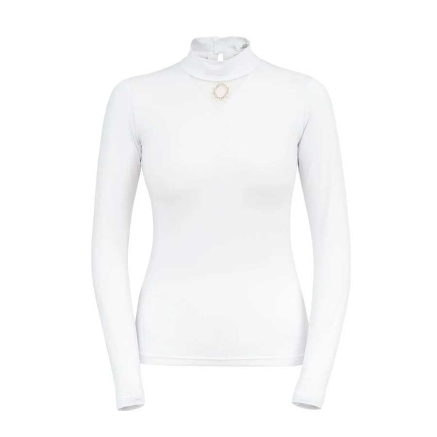 Camisola branca de manga comprida com gola alta e detalhe decorativo circular