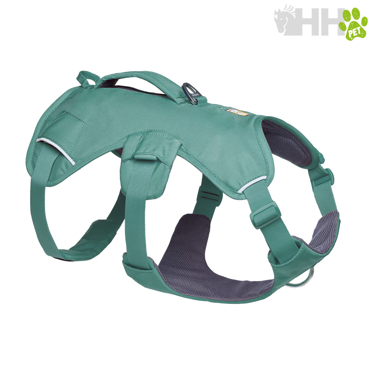 Arnês para cão verde com tiras ajustáveis e interior acolchoado cinza