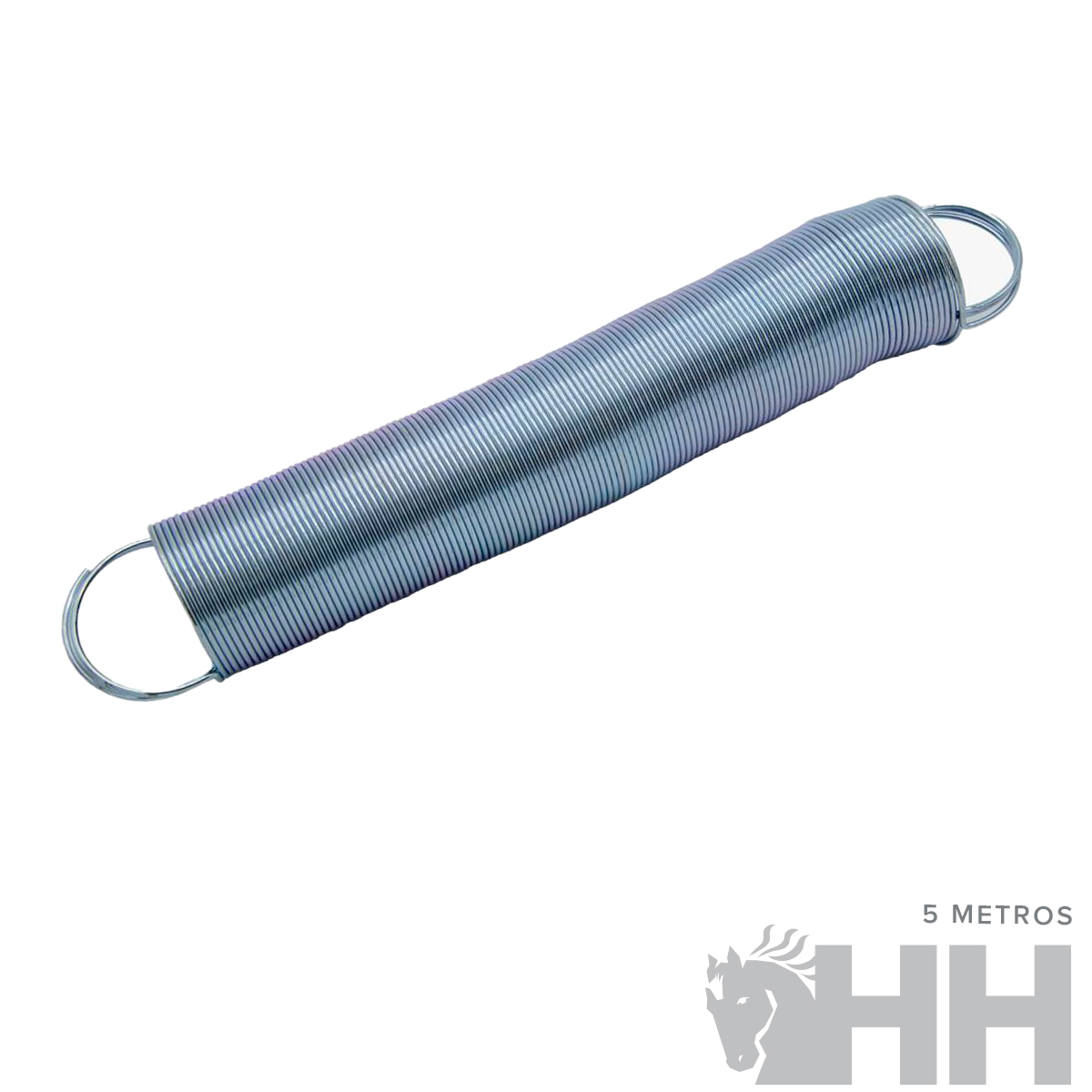 Mola metálica prateada com argolas e logótipo HH 5 METROS