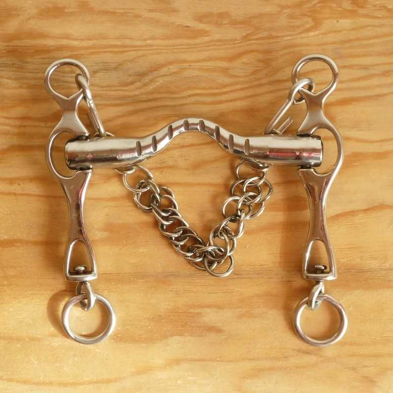 Freio metálico com bocal curvo e corrente central em aço inoxidável