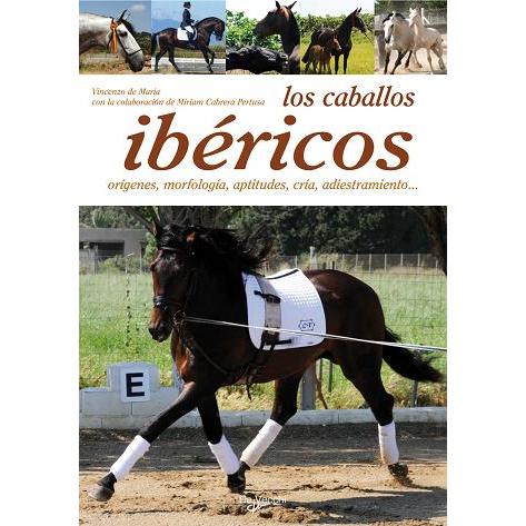 Livro sobre cavalos ibéricos com cavalo castanho em arena.