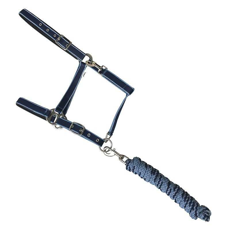 Cabresto azul de couro com corda trançada azul e metal prateado