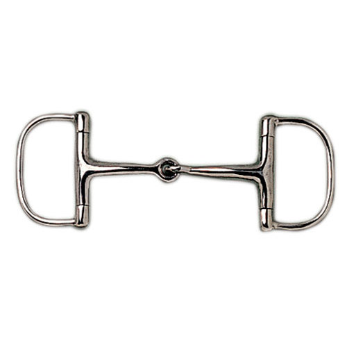 Freio para cavalo em metal prateado com articulação central esférica.