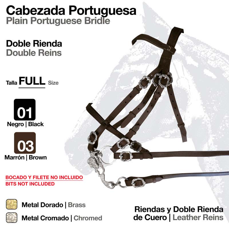 Cabeçada portuguesa de couro marrom com fivelas metálicas cromadas e duas rédeas em fundo branco