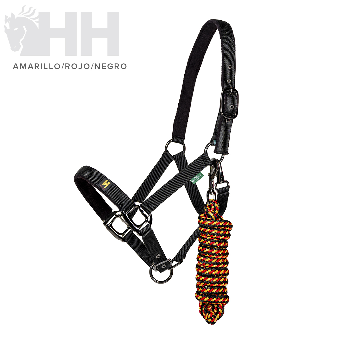 Cabresto de cavalo preto com corda trançada colorida e etiqueta HORSEWARE