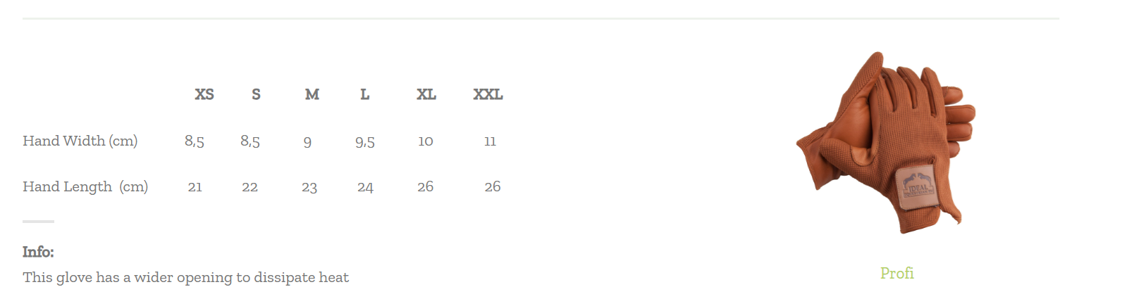 Tabela de tamanhos de luvas com luvas castanhas ao lado