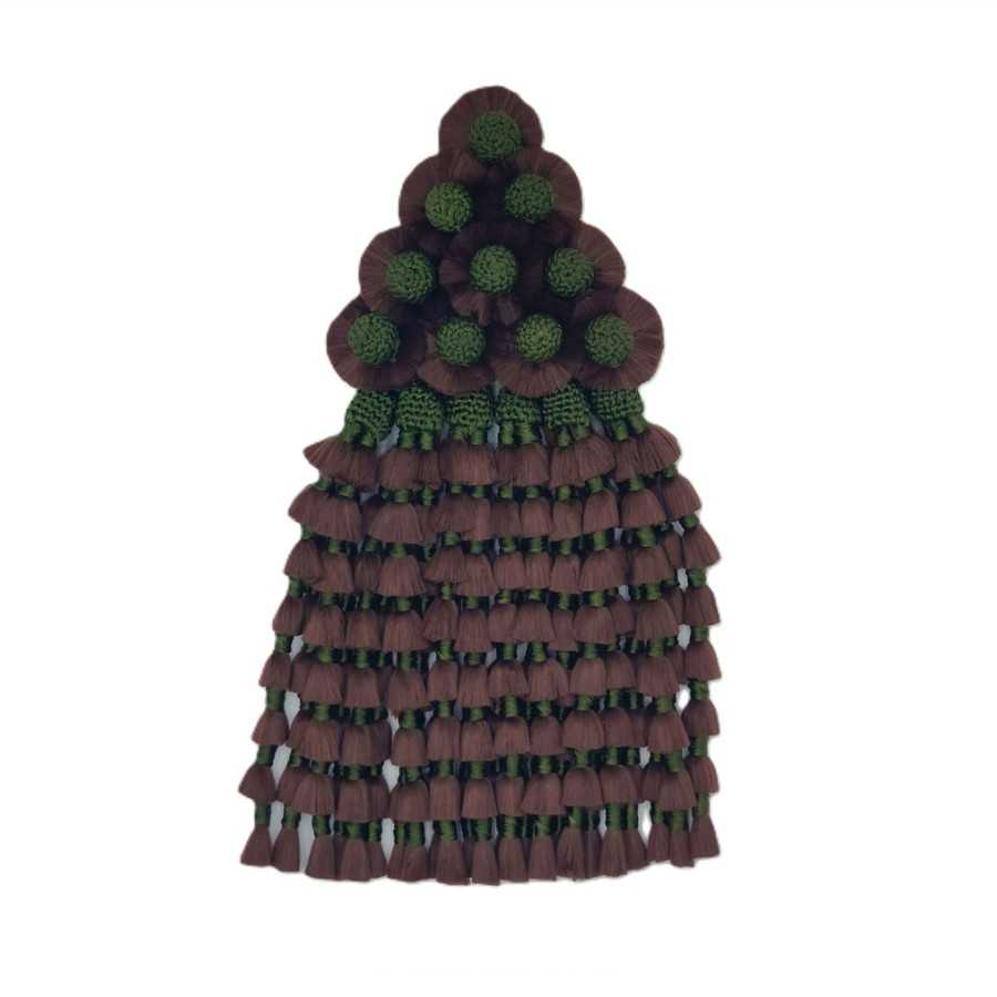Franja de tecido castanho e verde com pompons