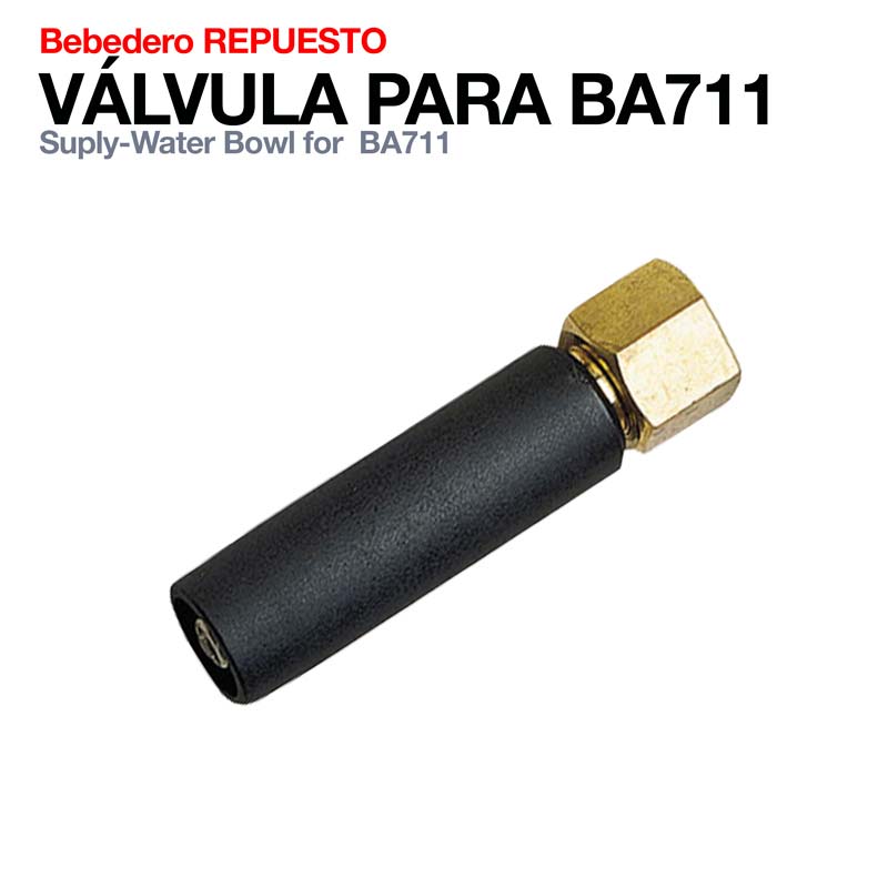 Válvula preta com ponta dourada hexagonal para bebedouro com texto acima.