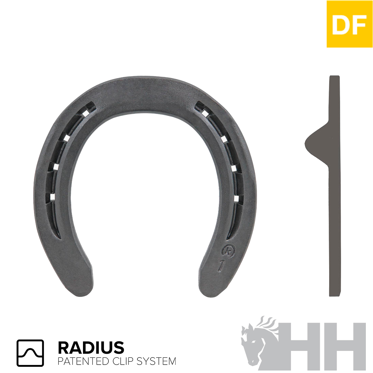 Ferradura metálica preta com sistema patenteado RADIUS sobre fundo branco