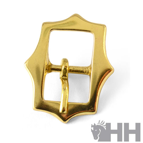 Fivela metálica dourada decorativa sobre fundo branco