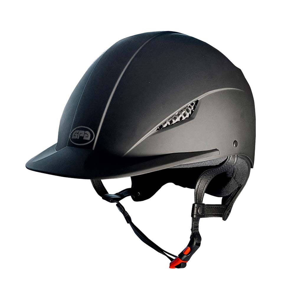 Capacete de equitação preto fosco com viseira e fecho vermelho