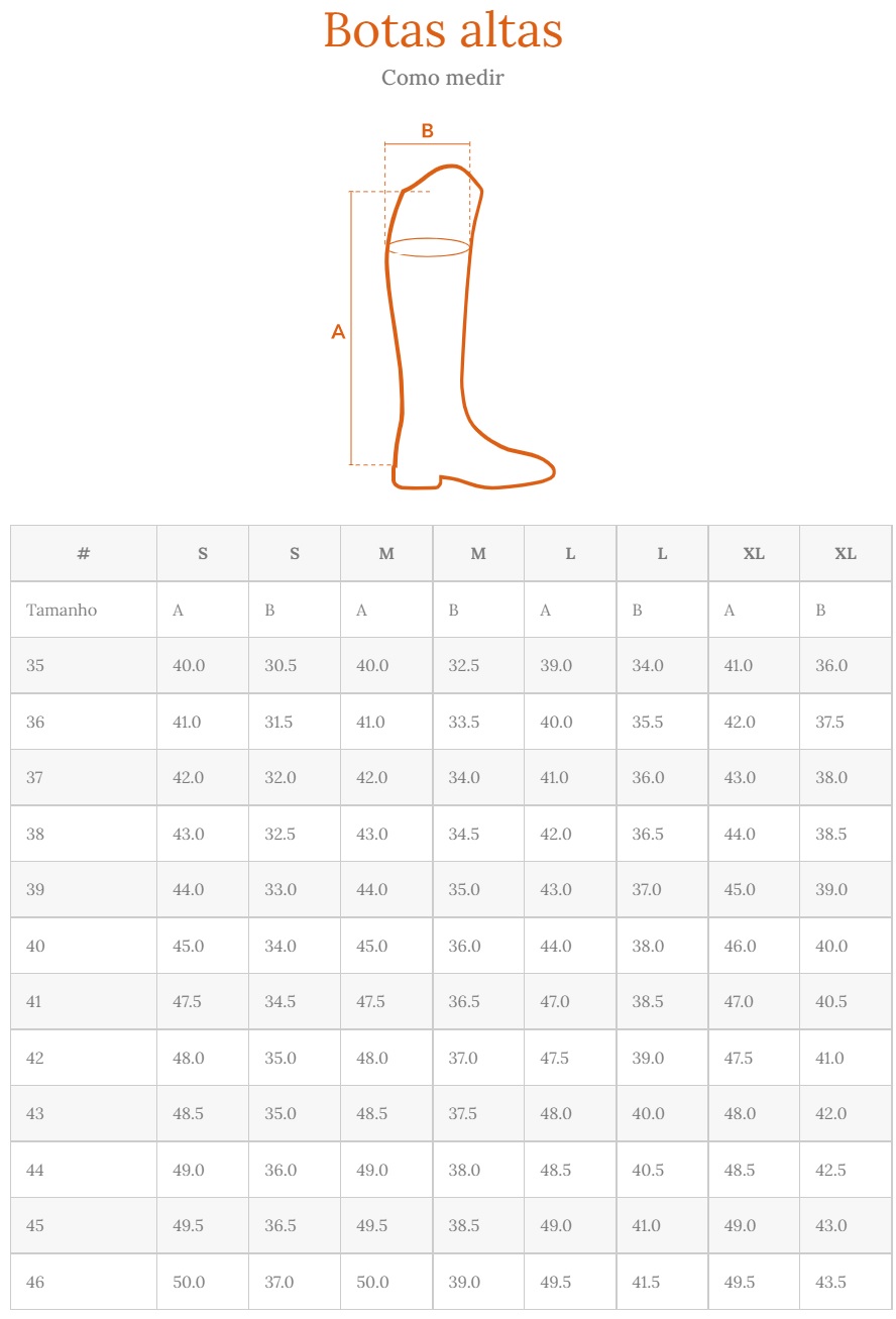 Tabela de tamanhos para botas altas com desenho explicativo e medidas
