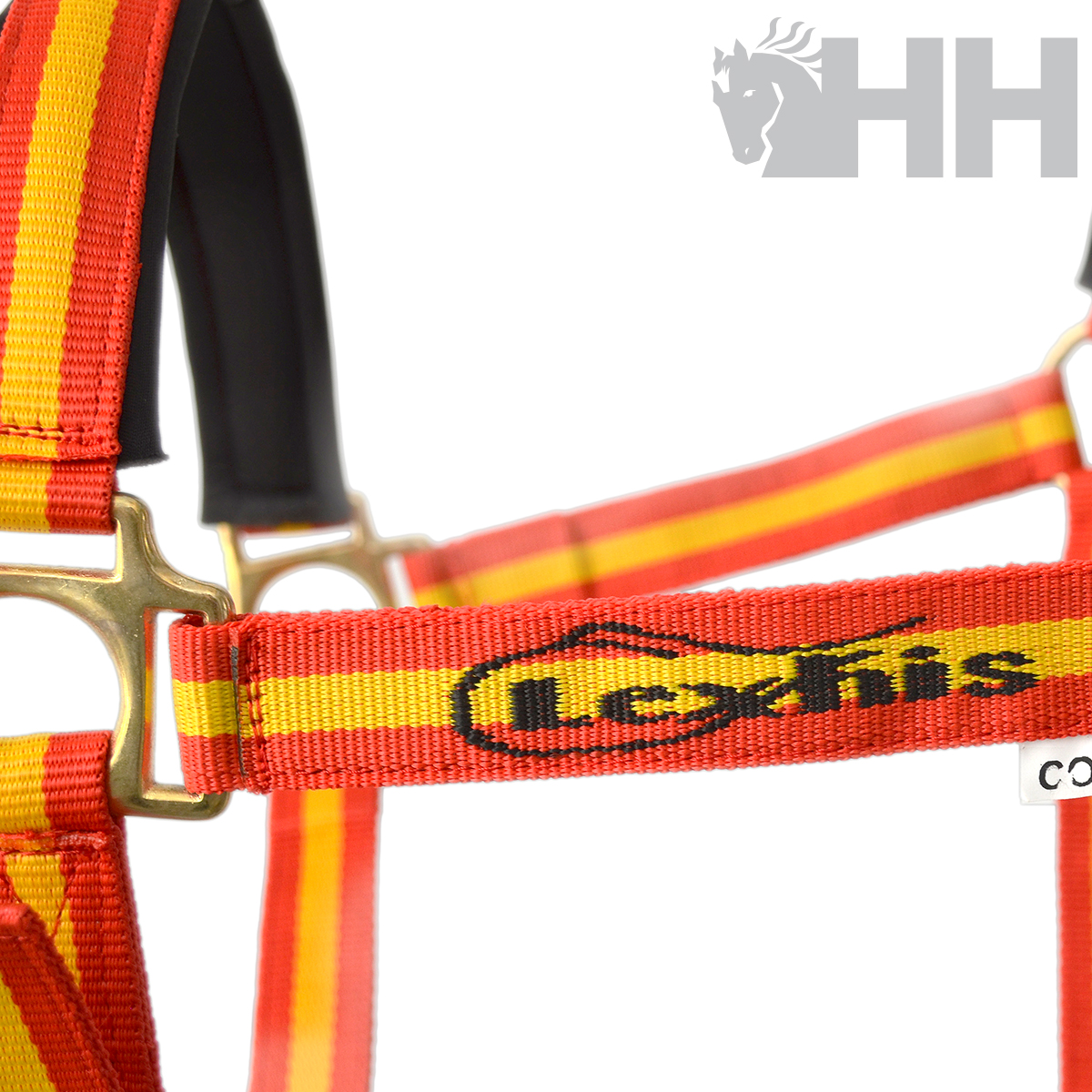 Arnês vermelho e amarelo com ferragens douradas e logótipo Lexhis