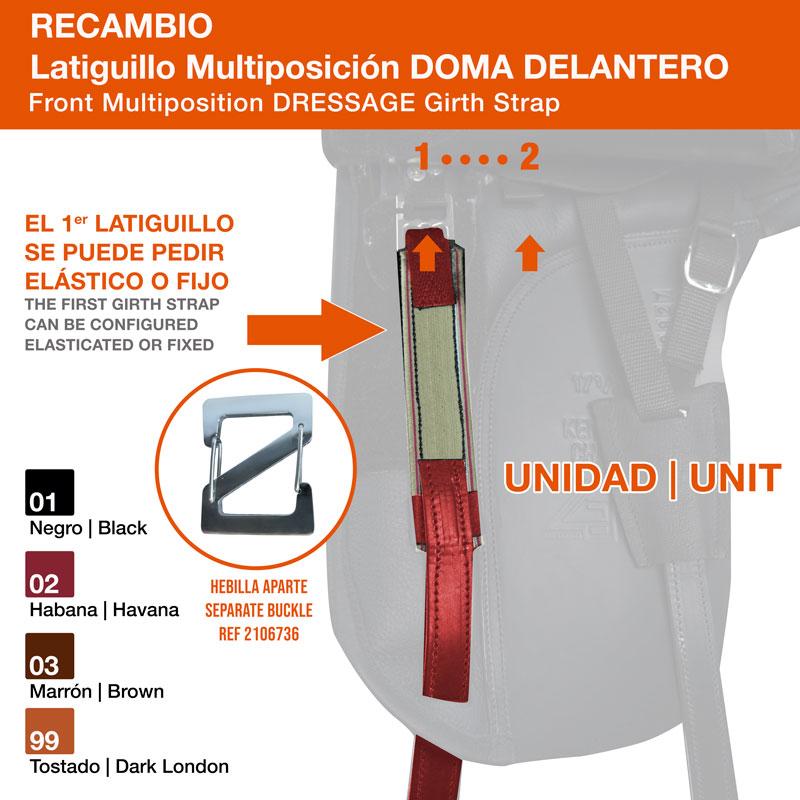 Correia de arreios de dresagem multiposição dianteira em couro vermelho com tecido bege e texto descritivo em fundo cinza claro.