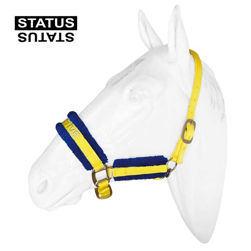 Cabresto amarelo com acolchoado azul em manequim de cabeça de cavalo branco