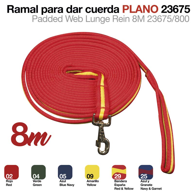 Coleira plana acolchoada vermelha com gancho metálico e ligação amarela, enrolada sobre fundo branco