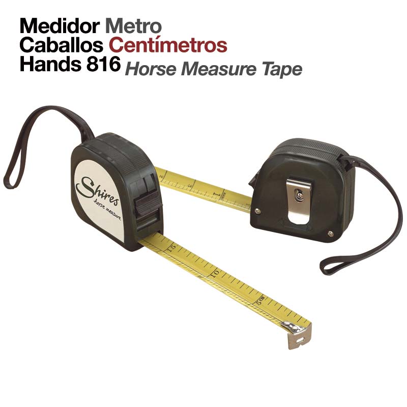 Duas fitas métricas amarelas com caixas pretas e etiquetas Shires Horse measure