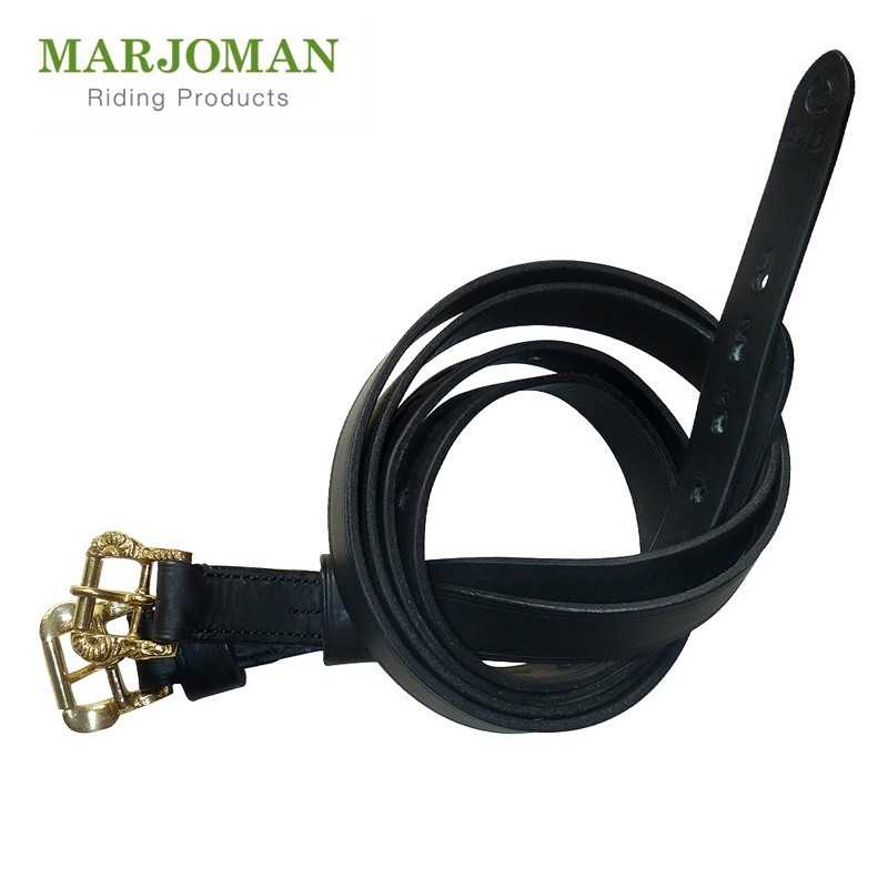 Cintas de couro pretas com fivelas douradas e logo MARJOMAN Riding Products