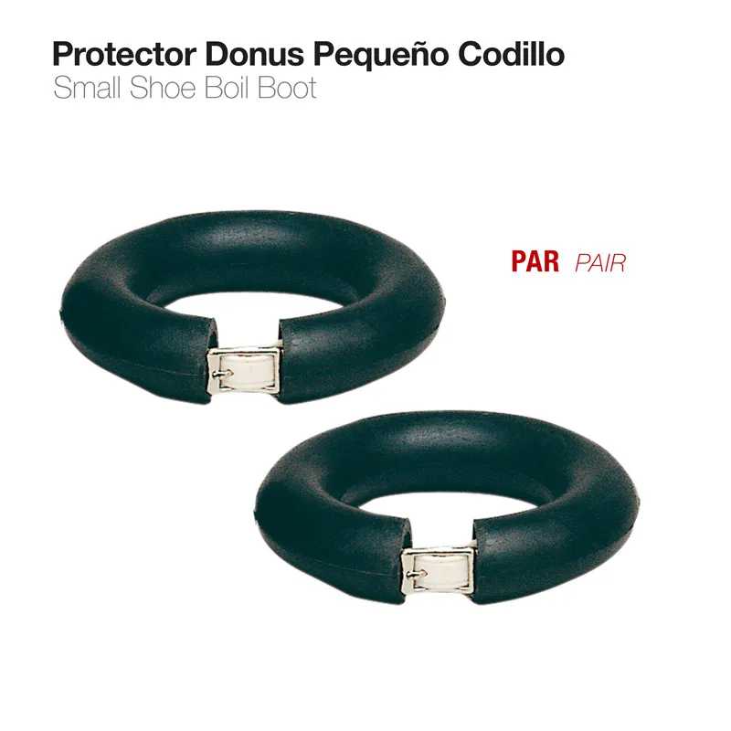 par de protetores de cotovelo pretos em fundo branco com texto em castelhano e inglês