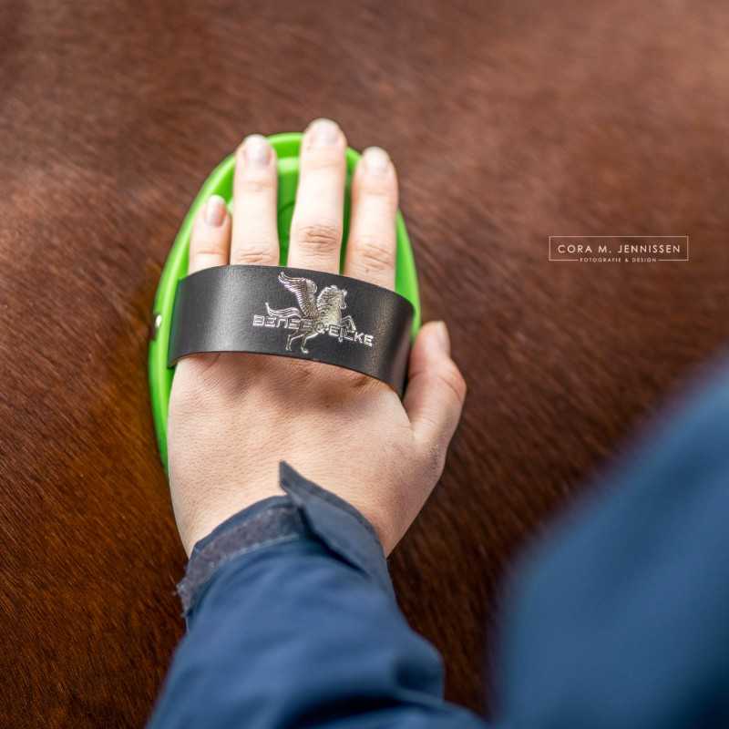 Escova de limpeza manual para cavalo com alça preta e base verde em plástico