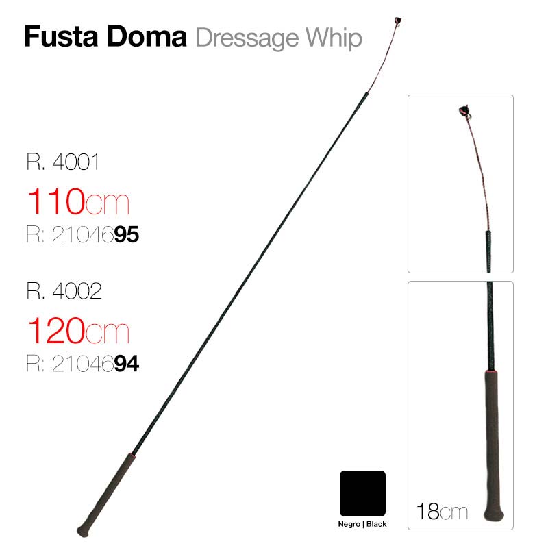 Fusta de doma preta com pega preta e ponta fina com corda enrolada