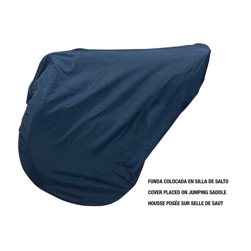 Capa azul escuro para sela de salto com texto em fundo branco
