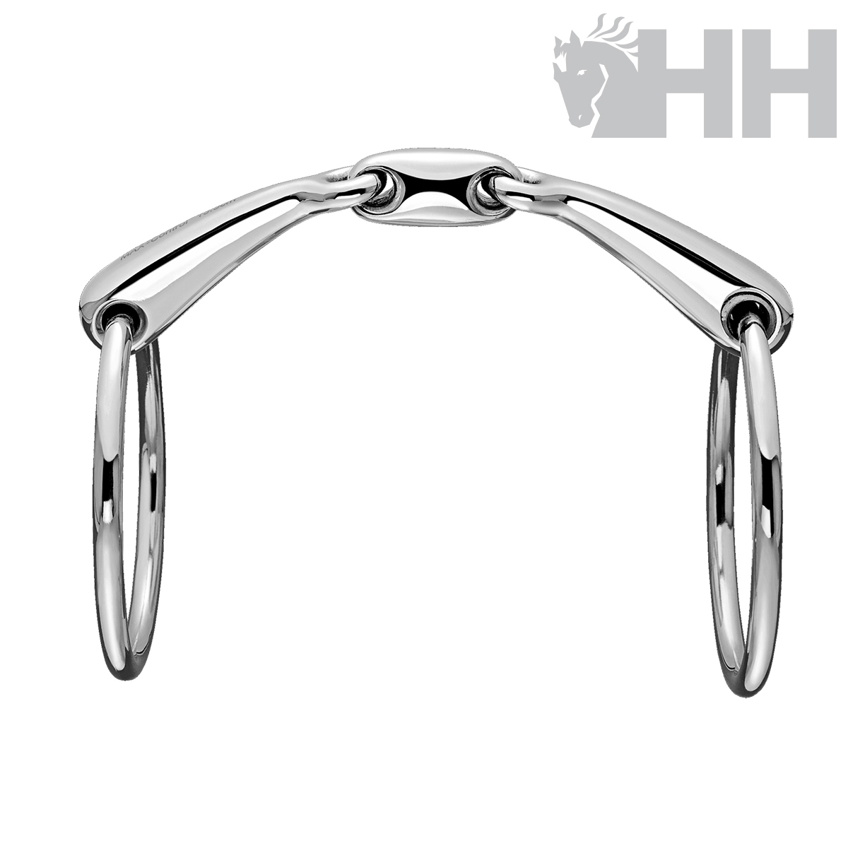 Freio metal prateado com argolas e peças interligadas, fundo branco e logo HH