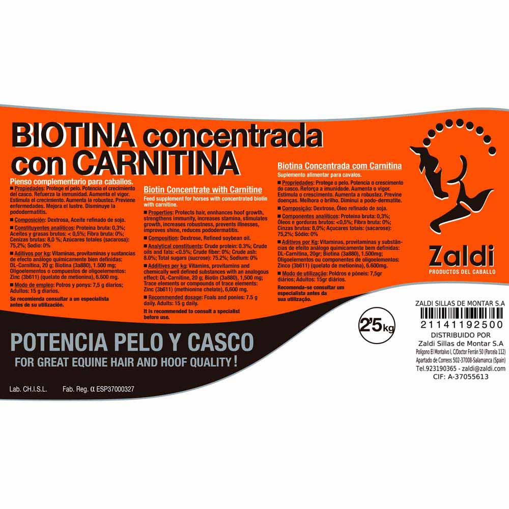 Etiqueta de suplemento alimentar para cavalos com biotina e carnitina da marca Zaldi