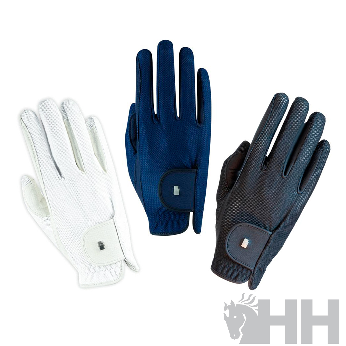Três pares de luvas para hipismo em branco, azul e preto com fecho de velcro e logótipo metálico