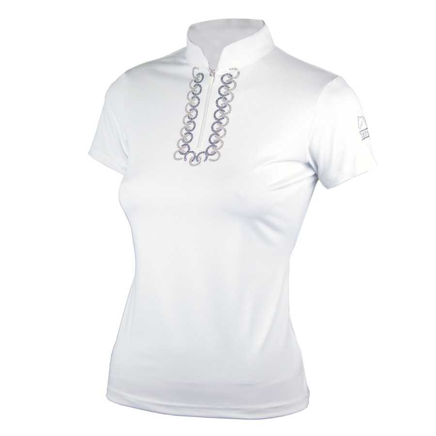 T-shirt feminina branca com padrão de círculos e fecho zip