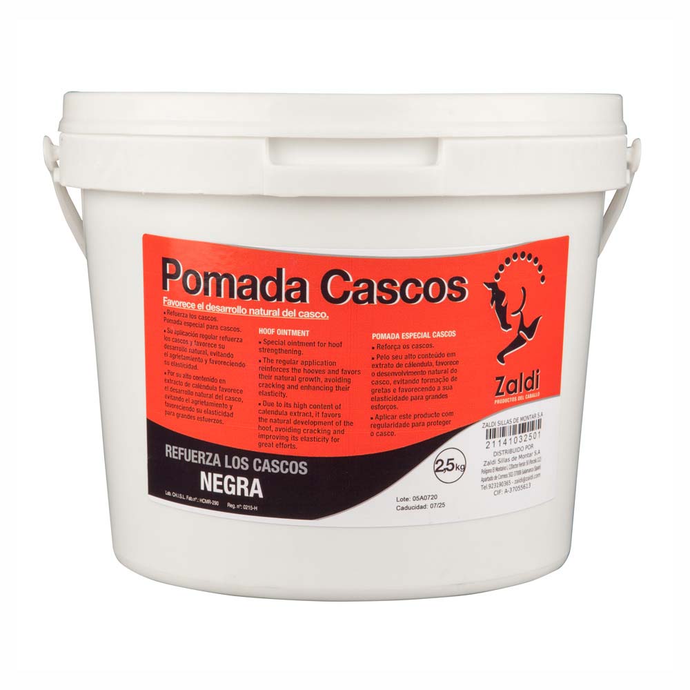 Balde branco de plástico com etiqueta vermelha e preta da Pomada Cascos Zaldi para cascos de 2,5 kg