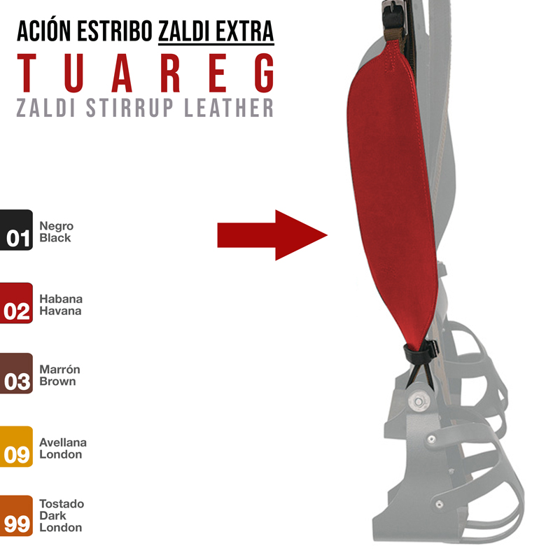 Estribo Zaldi Tuareg de pele vermelha com paleta de cores e texto promocional