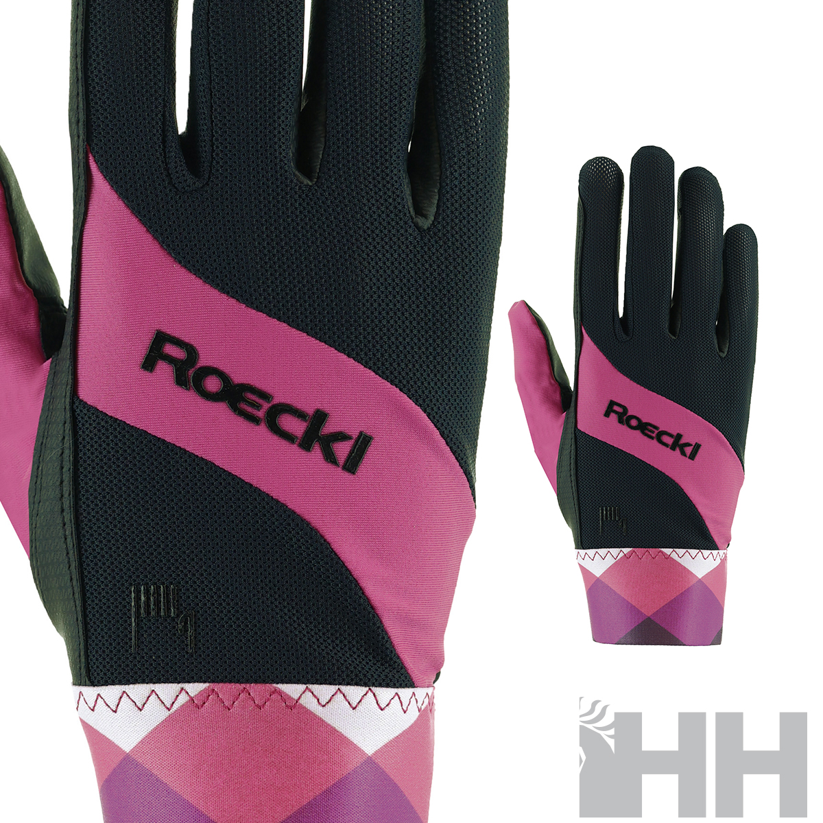 Luva esportiva feminina rosa e preta com padrão xadrez no punho e marca Roeckl